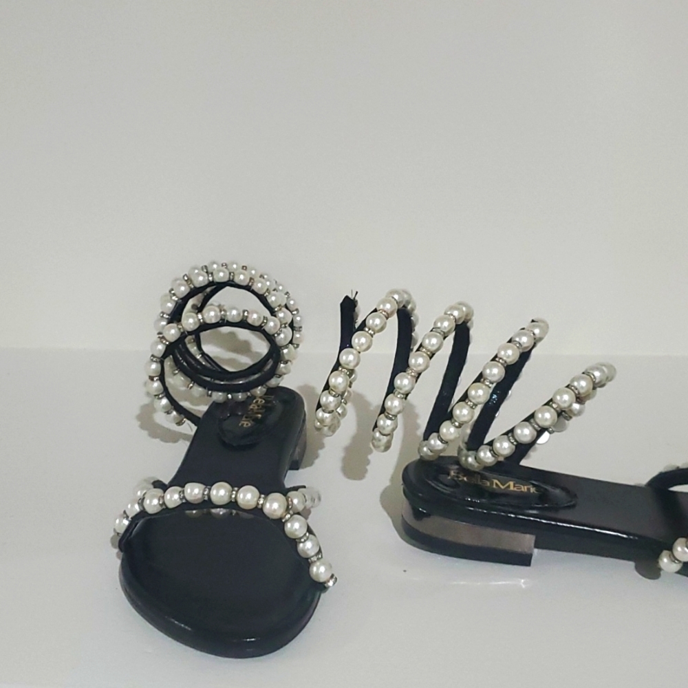 Pearl embellished black patent sandals